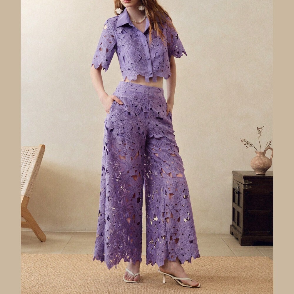 Lilac Floral Lace Crop Top & Wide Leg Pants Set